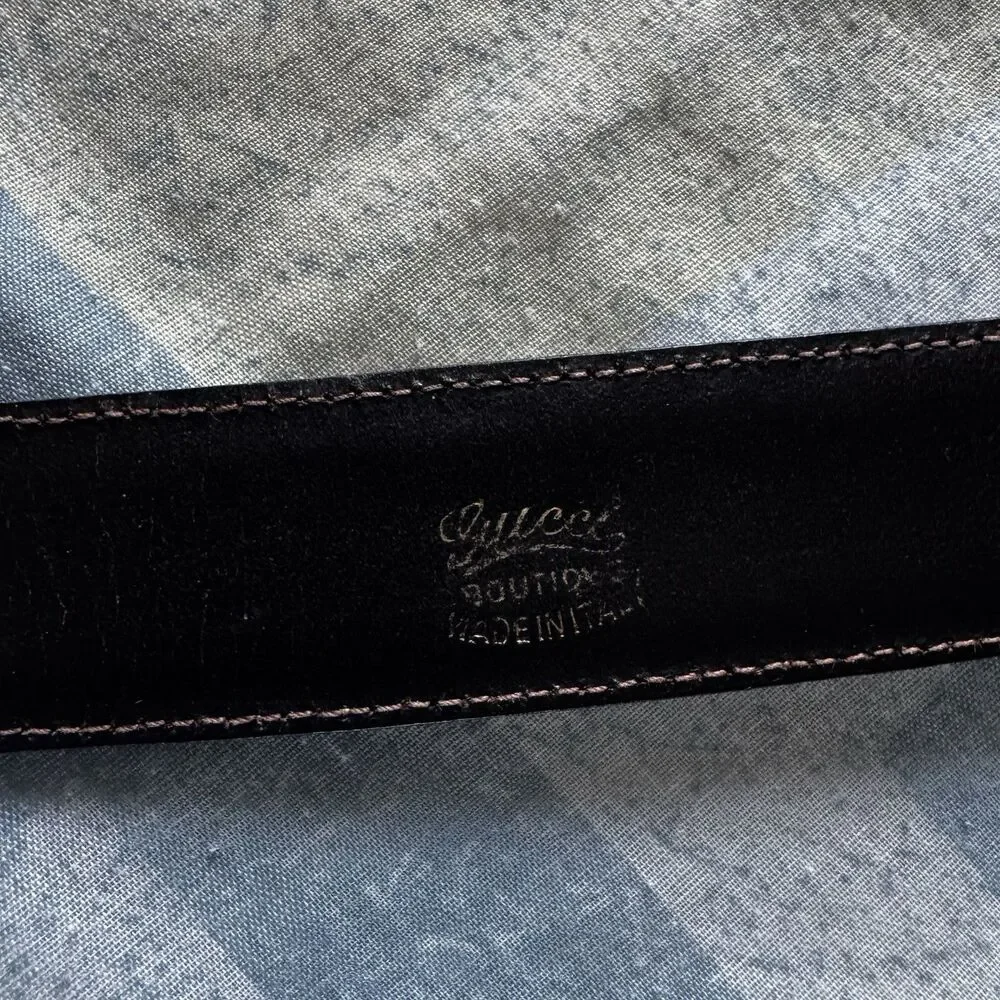Gucci Dual Metal Monogram GG Leather Vintage Rare Canvas Dark Blue Belt Size 90